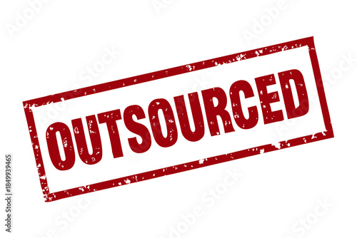 A bold red grunge stamp with the word OUTSOURCED displayed at a distinct angle on a deep black background