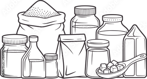 Assorted food ingredients in jars and containers line