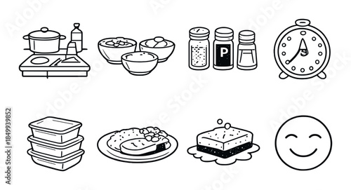 Monochrome kitchen icons including cooking, food storage, time, and seasoning elements