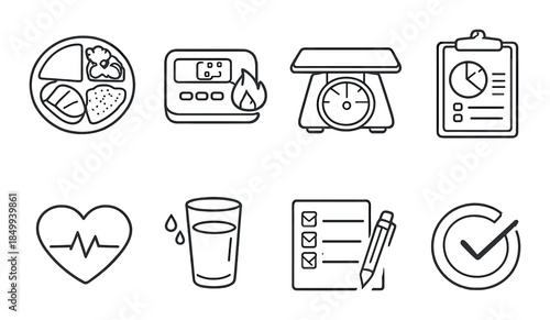 Health and nutrition outline icons for wellness and fitness tracking
