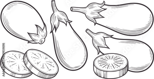 Black and white line of eggplants and sliced eggplant