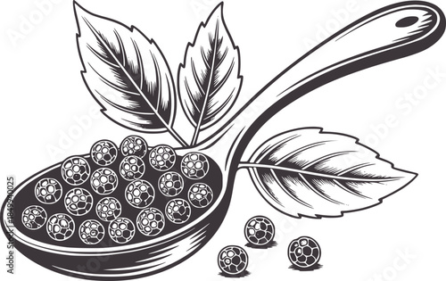Black and white line of peppercorns in spoon with leaves