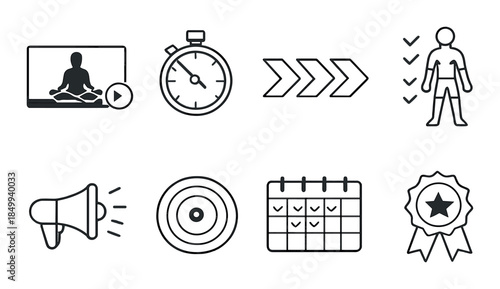 Set of icons: meditation, timer, goals, checklist, megaphone, target, calendar, award