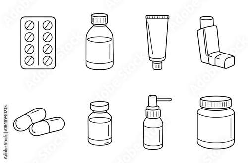 Various medicine icons: pills, bottles, inhalers, and nasal spray on gradient background