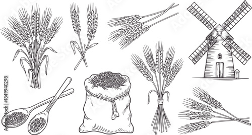 Black and white line wheat bundles and mill with spoons and sack
