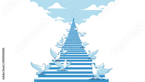 Stairway to heaven illustration depicts white doves ascending a long staircase towards fluffy clouds and a hopeful future.