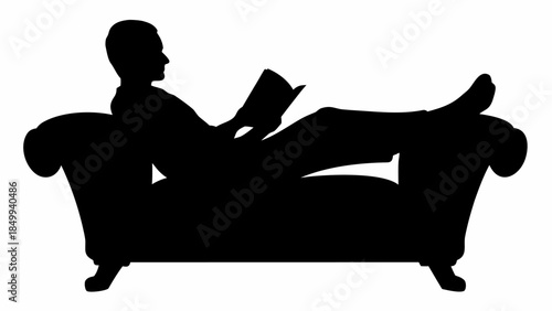 Man relaxing on couch reading book in silhouette