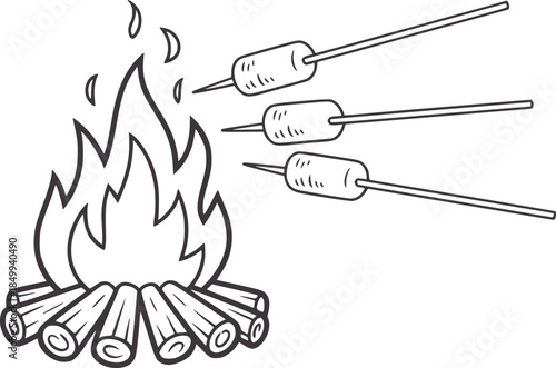 Campfire with marshmallows sticks roasting over flames line