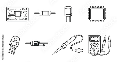 Electronic components and tools on black background: circuit, resistor, capacitor, chip, soldering iron, multimeter
