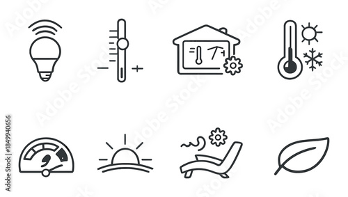 Smart home automation icons for temperature, lighting, climate, and energy efficiency