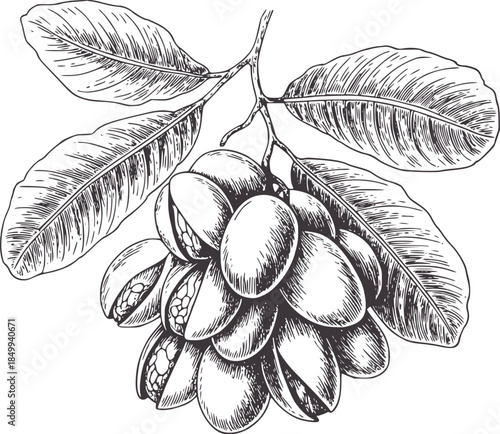 Cluster of almonds branch with leaves black and white line