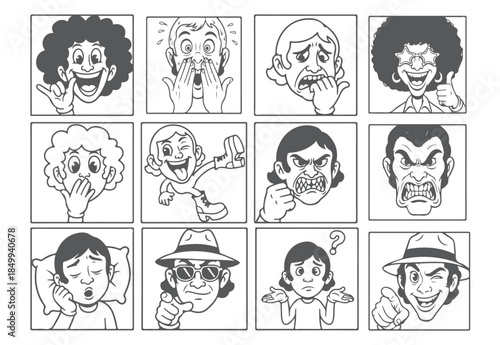 Monochrome Cartoon Expressions Set, Comic Faces Grid, Emotions and Reactions Vector