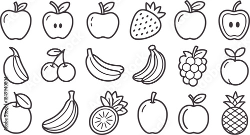 Collection of black and white line fruit in outline style