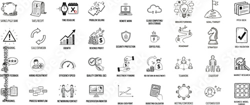 Business startup doodle icon set, for strategy, growth, finance, marketing, teamwork, planning, leadership, innovation concepts. Hand drawn vector collection