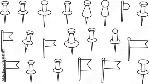 Collection of black outline push pins and flag pins