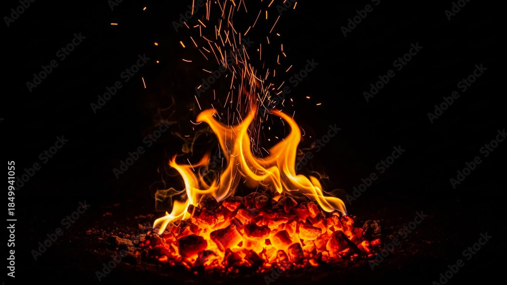 Obraz premium Vibrant Orange Flames Dancing Against Dark Background with Sparks Flying