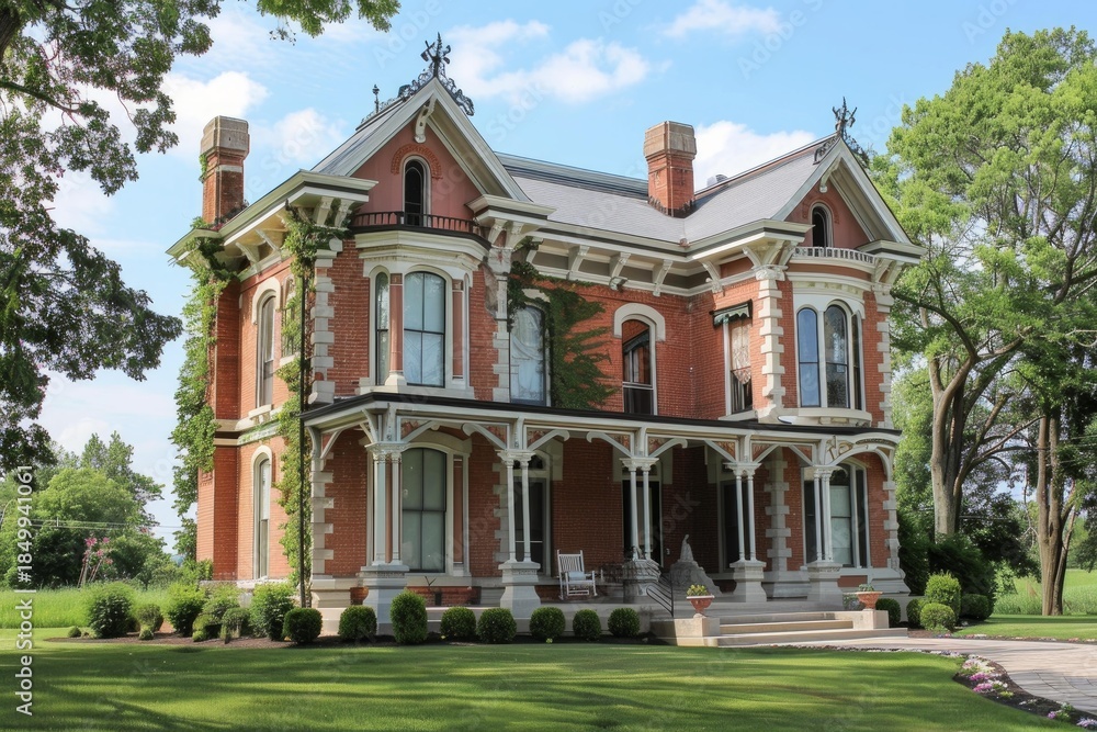 Obraz premium Ornate victorian house featuring red brick, decorative stonework, and a large porch, showcasing the architectural style of the era