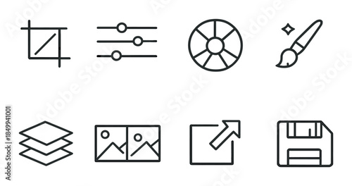 Graphic design icons: crop, adjust, color wheel, brush, layers, images, expand, save
