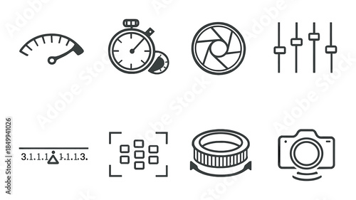 Minimalist photography icons: timer, camera lens, aperture, settings, meter, focus
