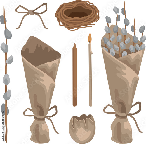 Hand-drawn collection with pussy willow branches and bouquet, bow and Easter candles, nest and broken eggshell