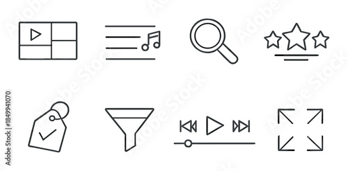 Vector icons set: multimedia, search, rating, tag, filter, playback, fullscreen