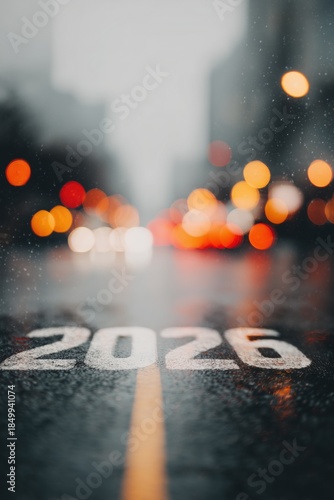 Year 2026 on wet asphalt road. Background features blurred city lights creating bokeh effect, suggesting rain or evening in urban setting. Concept of future, time, and journey