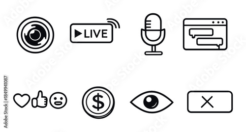 Live streaming and social media icons set on gray background