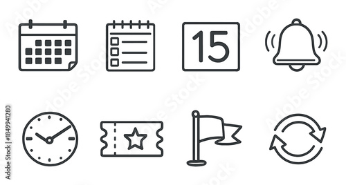 Calendar and reminder icons on grey background: calendar, list, bell, clock, ticket