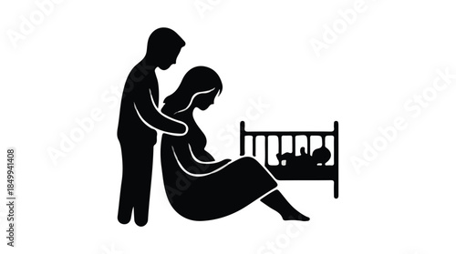 New Parents with Twin Newborns in Crib Silhouette