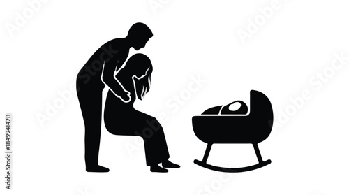 New Parents Adoring Newborn in Bassinet Silhouette
