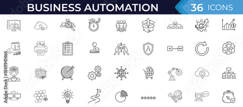 Business automation line icon set, for workflow, process, productivity, system integration, data management, efficiency, digital transformation. Editable vector collection