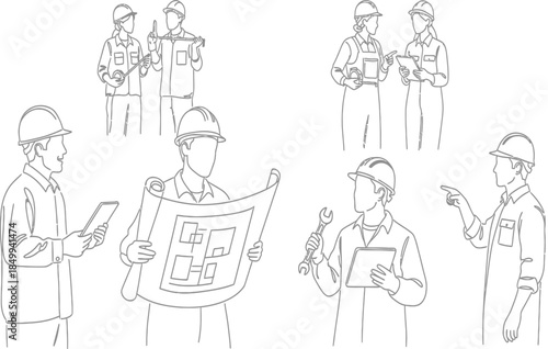 Illustration of construction workers in various poses with tools and blueprints