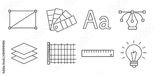 Minimalist design icons including color palette and lightbulb