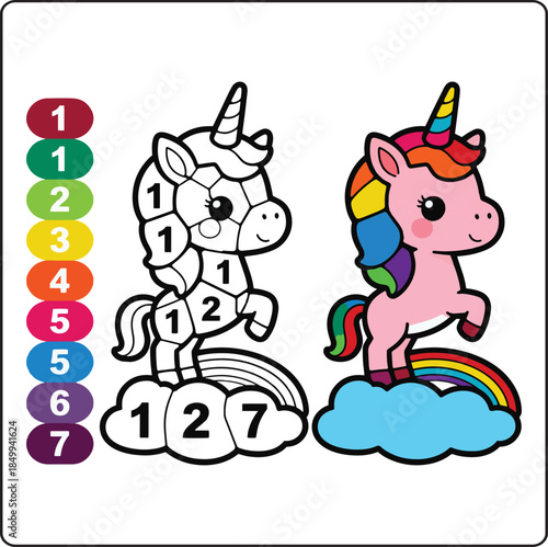 Color by number game activity book for kids, Cute unicorn educational game for kindergarten children