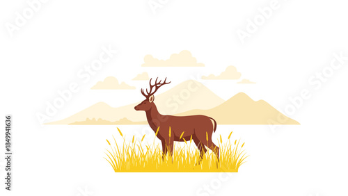 Majestic stag stands proudly in a golden field with mountains in the background, showcasing the beauty of wildlife and nature.