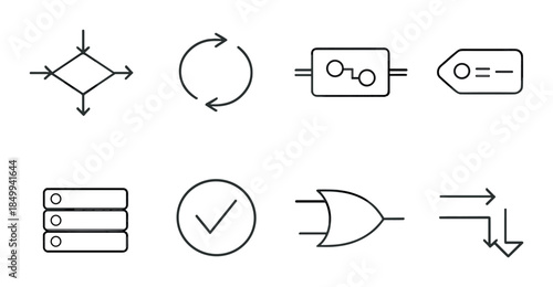 Set of minimalist flowchart and process icons on gray background
