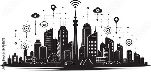 A silhouette of smart city skyline with antennas, digital infrastructure, black and white