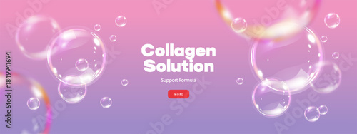 Transparent pink liquid bubbles background. Cosmetic oil, collagen, essence. Skincare product concept. Skin care cosmetics solution. Realistic vector illustration