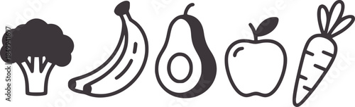 Five black outline of broccoli banana avocado apple and carrot