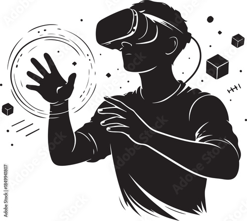 A silhouette of person using virtual reality headset, tech exploration, black vector