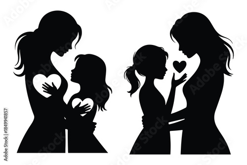 Three Generations of Women Holding Hearts Silhouette