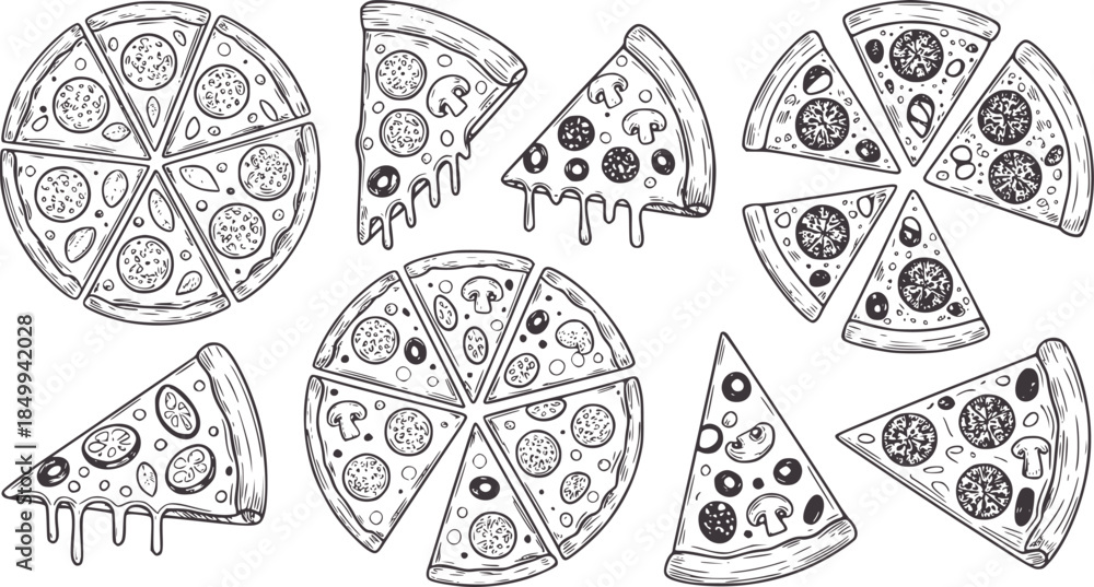 Fototapeta premium Hand drawn black and white pizza slices and whole pizzas line