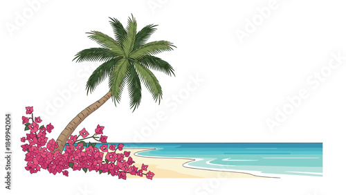 Tropical beach scene with a leaning palm tree and vibrant bougainvillea flowers creates a serene and idyllic vacation atmosphere.