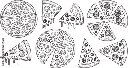 Hand drawn black and white pizza slices and whole pizzas line