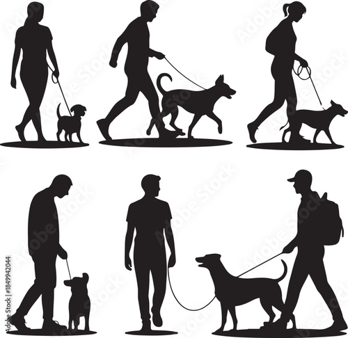 Dog Walking Silhouette Icon Set