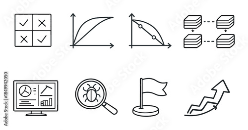 Data analysis and testing icons: graphs, bugs, and progress arrows on metallic background