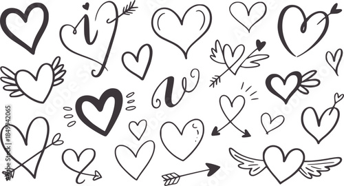 Hand drawn black outline hearts and arrows set love