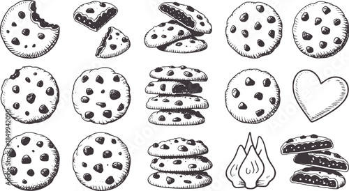 Hand drawn chocolate chip cookies set in black and white line