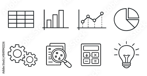 Business and data analysis icons set on gradient background