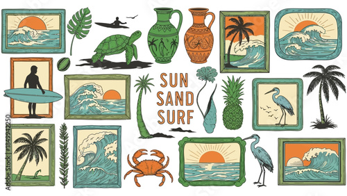 Vibrant tropical beach icons with palm trees and surfboards